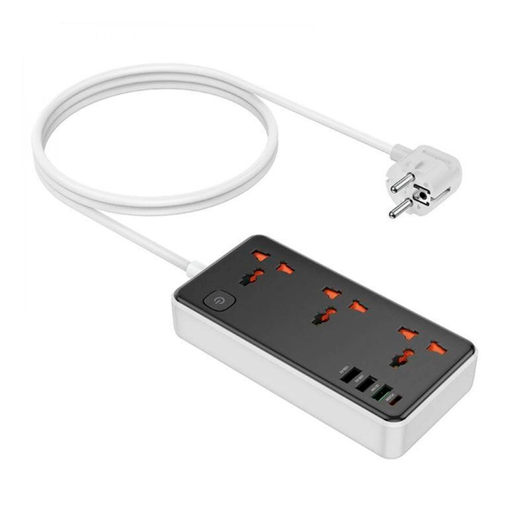 Мережевий фільтр HOCO AC8A на 3 розетки + 3 USB+USB-C, 30W, 220В, кабель 1,5м, Black/White, Box (Y-35127)