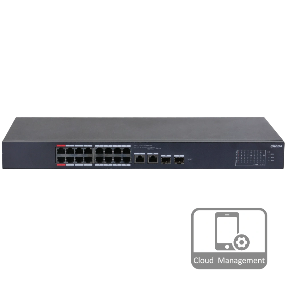 16-портовий керований PoE комутатор DH-CS4218-16ET-135 з 16 портами POE 100Мбіт + 2/UP-Link 1000Мбіт + 2/SFP 1000Мбіт, 135Вт, 440x220x44 мм (Y-35412)