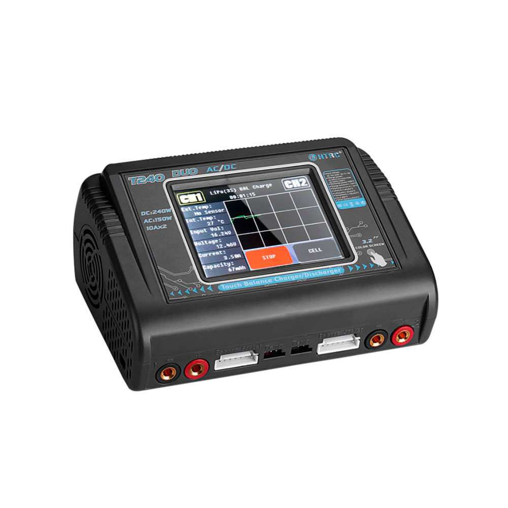 Зарядний пристрій HTRC T240 Duo AC150/DC240Вт, тип АКБ LiPo, LiHv, Li-ion, NiMh, LiFe, Pb, 3.2` Touch screen, 145x105x64mm (Y-35875)