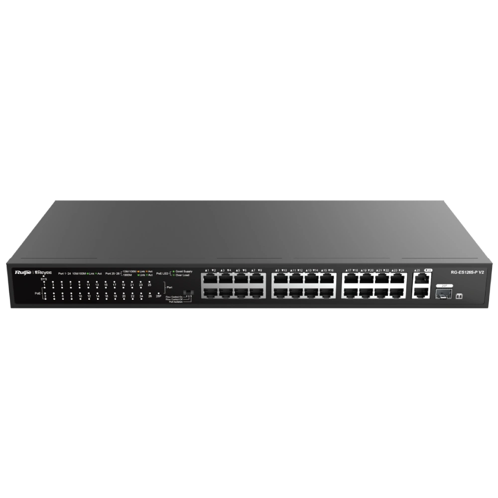 24-портовий некерований PoE комутатор Ruijie Reyee RG-ES126S-P V2, 24x10/100BASE-TX та 2x10/100/1000BASE-T+ 1 Combo port (Y-36213)