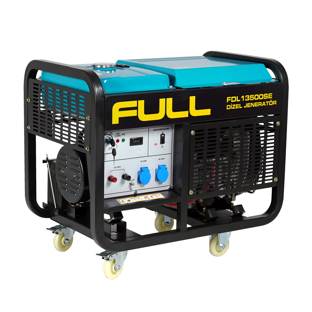 Генератор дизельний FULL FDL13500SE3, 3-фазний 230/400V, 50Hz, 13.75kVA/11kW, бак 25 л, витрата 3,5 л/год, пуск:стартер (без АКБ), 910x578x668 мм, 190 кг (Y-37598)