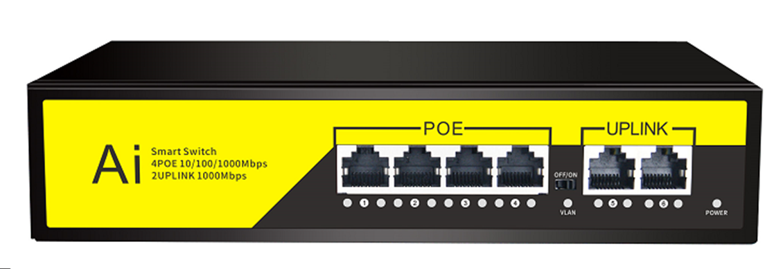 POE комутатор гігабітний Merlion 4 POE 10/100/1000 + 2 RJ45 10/100/1000 вбудований блок живлення 52V 1.25A (Y-41637)