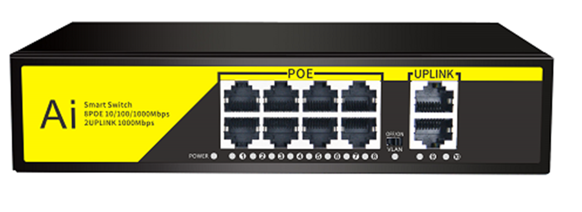 POE комутатор гігабітний Merlion 8 POE 10/100/1000 + 2 RJ45 10/100/1000 вбудований блок живлення 52V 2.3A (Y-41639)
