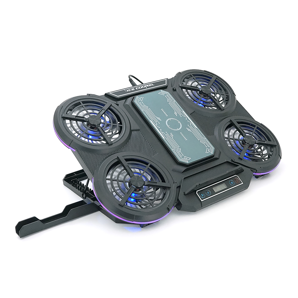 Підставка під ноутбук IceCoorel Q5, до17", fan2-100*15/2-80*15 мм, корпус пластик+алюміній, 2 USB-порти+LCD display, 410x285x35mm, RGB-10режимів, Box Q8 (Y-44044)
