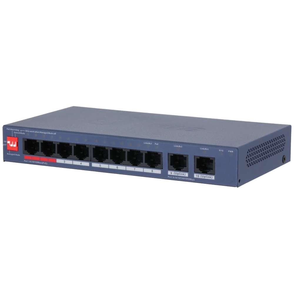 8-портовий керований PoE комутатор DH-CS4010-8ET2GT-110 з 8 портами POE 100Мбіт + 2 порти UP-Link 1000Мбіт, 185x104x27 мм (Y-44699)