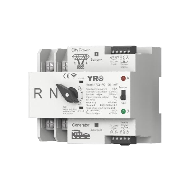 Автомат введення резерву (АВР) двополюсний YRQ2PC-125 Wifi ATS, 2P 125A 220V, E-Welink App на DIN-рейку для генераторів (Y-44720)