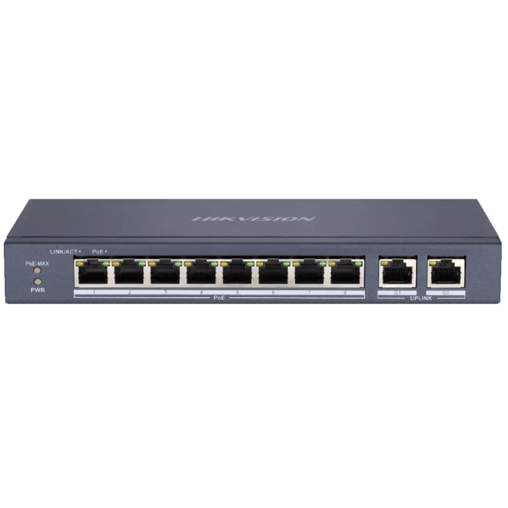 10-портовий некерований POE комутатор Hikvision DS-3E0310P-E/M(B), 8x(100Мбіт/с)PoE + 2x(1000Мбіт/с), 218×28×109 мм (Y-45001)