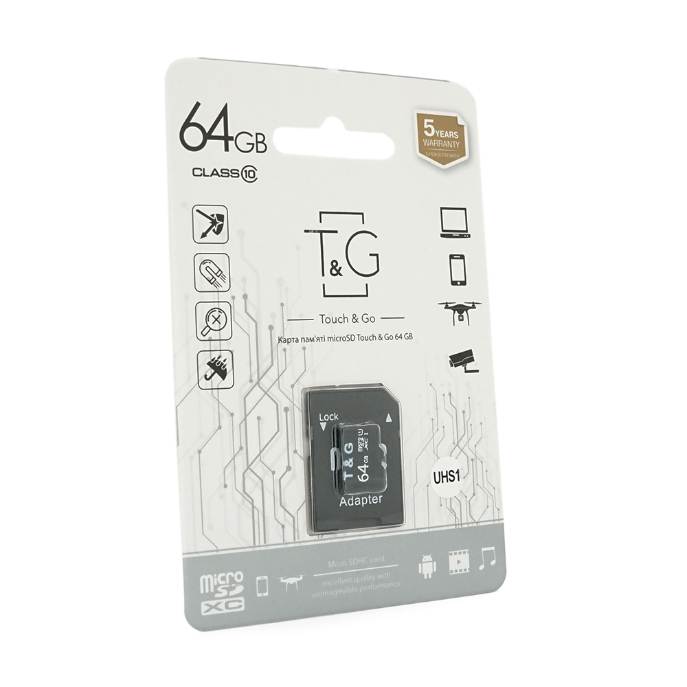Карта пам'яті T&G microSDHC Class 10 UHS-I, з адаптером, 64GB, Blister (Y-47192)