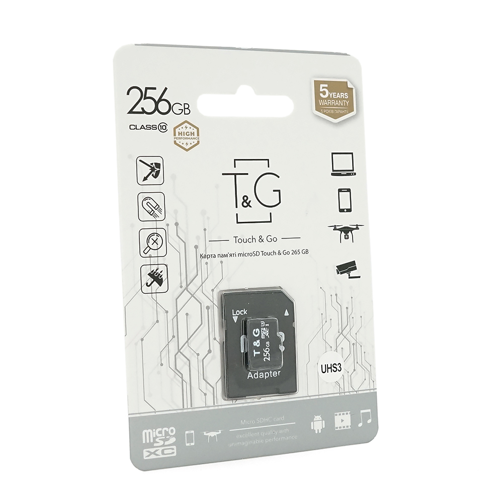 Карта пам'яті T&G microSDHC Class 10 UHS-3, з адаптером, 256GB, Blister (Y-47193)