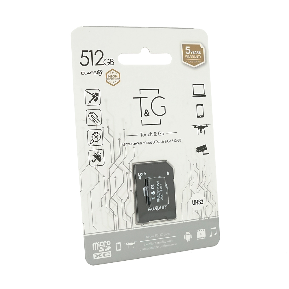 Карта пам'яті T&G microSDHC Class 10 UHS-3, з адаптером, 512GB, Blister (Y-47194)