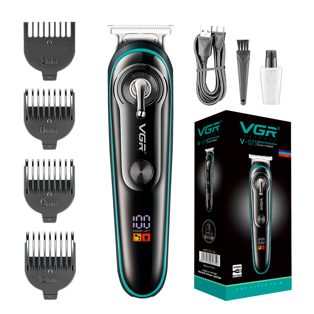 Тример VGR V-075, 4 насадки, регулятор висоти, LED display, 5000 RPM, акумулятор 600mAh, Black, Box (Y-48015)