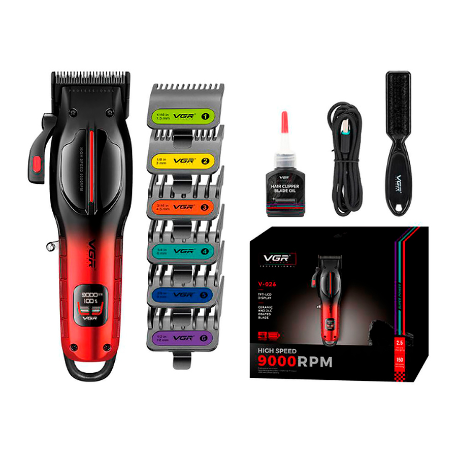 Тример VGR V-026, 6 насадок, LED display, 9000 RPM, акумулятор 2500mAh, Black/Red, Box (Y-48024)
