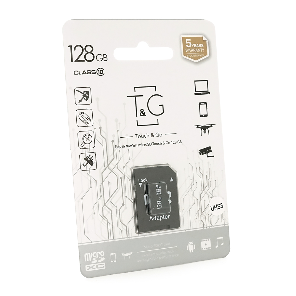 Карта пам'яті T&G microSDHC Class 10 UHS-3, з адаптером, 128GB, Blister (Y-48309)